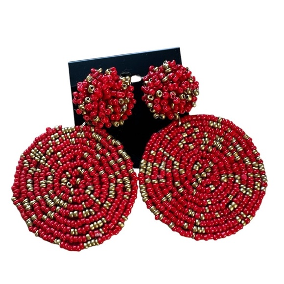 RED & GOLD BEADED DOUBLE DISC EARRING - Picture 1 of 2